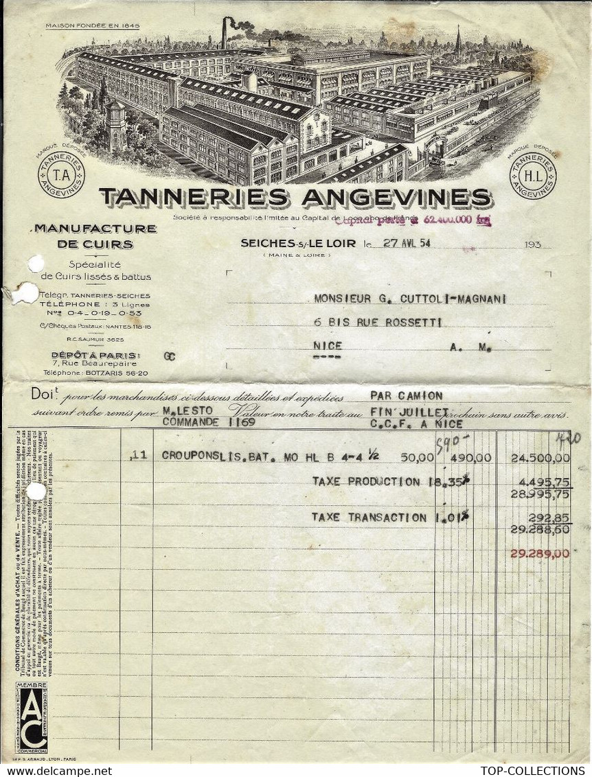 1954  ENTeTE TANNERIES ANGEVINES Manufacture De Cuirs  Seiches Sur Le Loir Maine Et Loire => Nice Cuttoli Magnan  SCANS - 1950 - ...