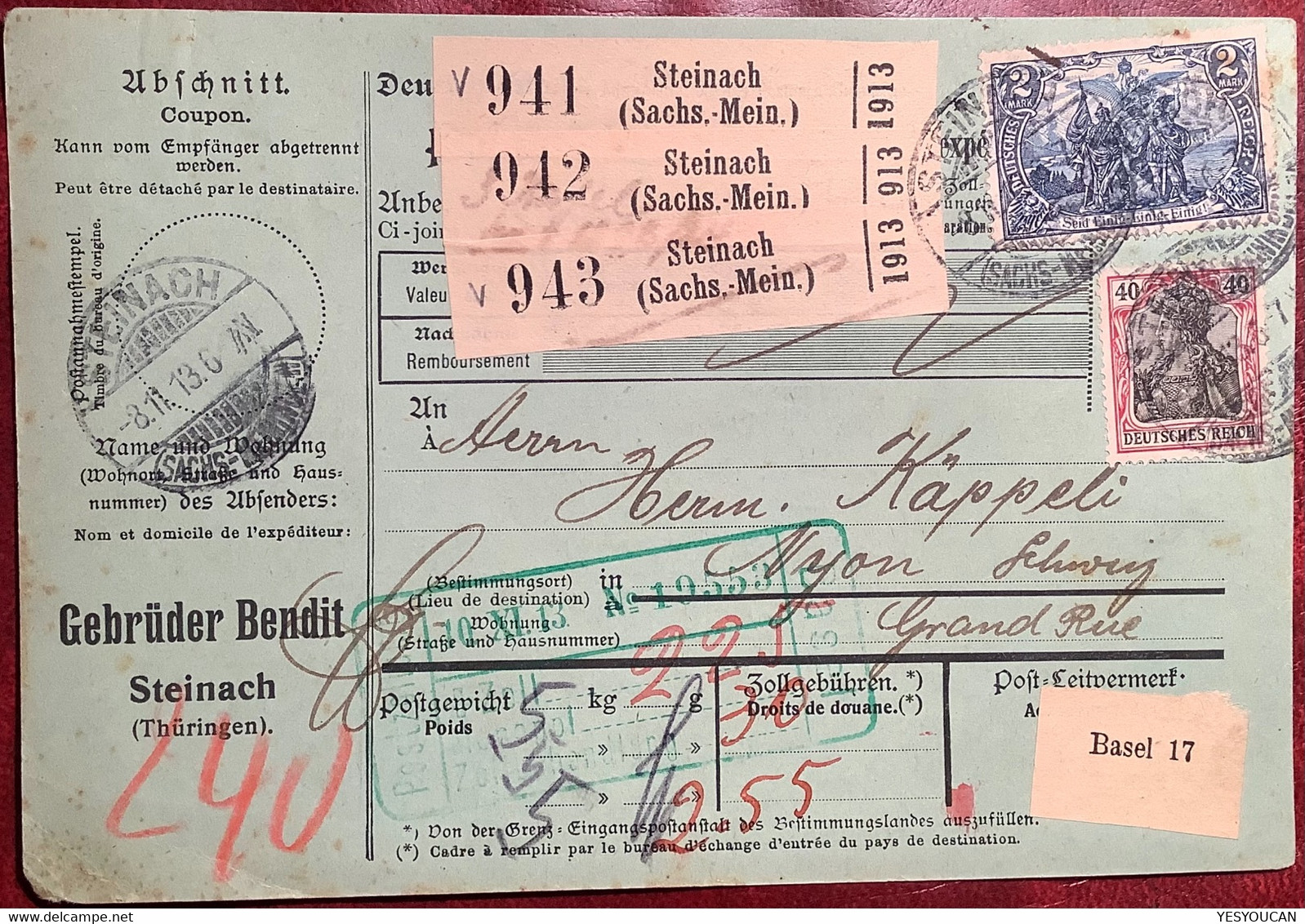 STEINACH THÜRINGEN 1913 Mi 95A I+90 Paketkarte Gebr Bendit>Nyon VD Schweiz (Brief Sachsen-Meiningen Basel Germania - Covers & Documents