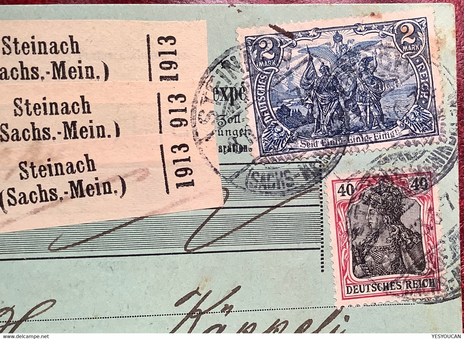 STEINACH THÜRINGEN 1913 Mi 95A I+90 Paketkarte Gebr Bendit>Nyon VD Schweiz (Brief Sachsen-Meiningen Basel Germania - Briefe U. Dokumente