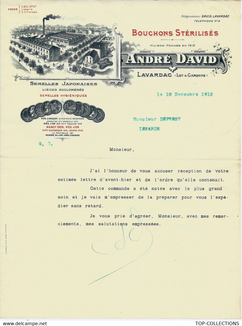 1912 ENTETE André David BOUCHONS STERILISES LIEGE Lavardac Lot Et Garonne Pour  Deprest Lewarde  (Nord) B.E.V.SCANS - 1900 – 1949