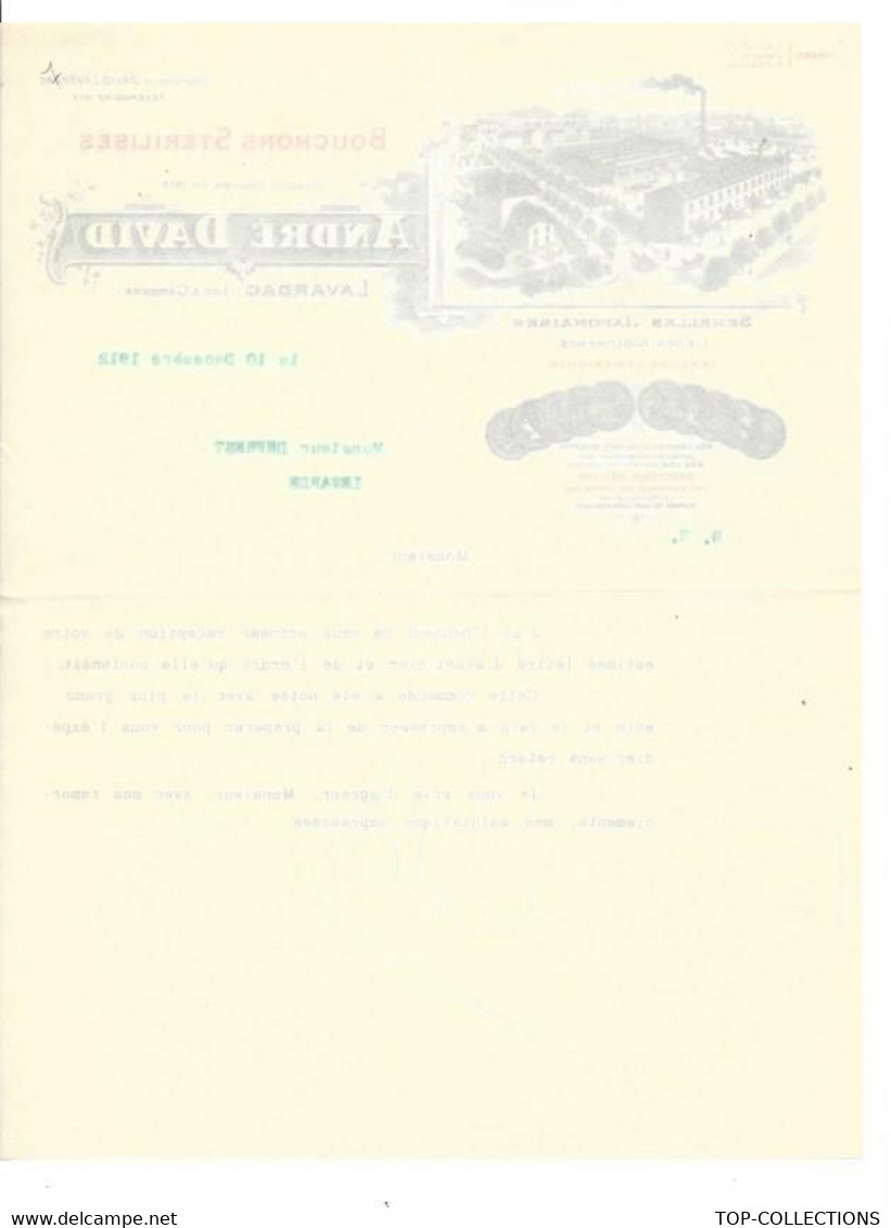 1912 ENTETE André David BOUCHONS STERILISES LIEGE Lavardac Lot Et Garonne Pour  Deprest Lewarde  (Nord) B.E.V.SCANS - 1900 – 1949