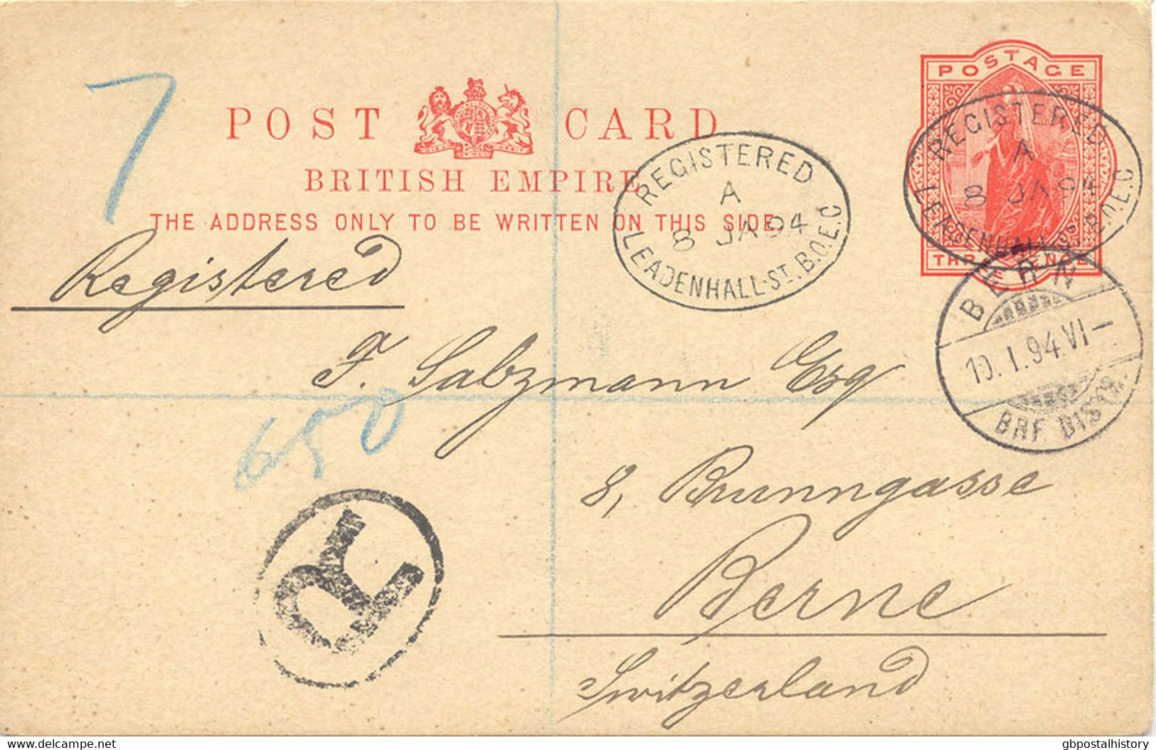 GB 1894 QV 3d British Empire Postcard Superb Commercially Used As Extremely Rare Registered Postcard To Switzerland - Covers & Documents