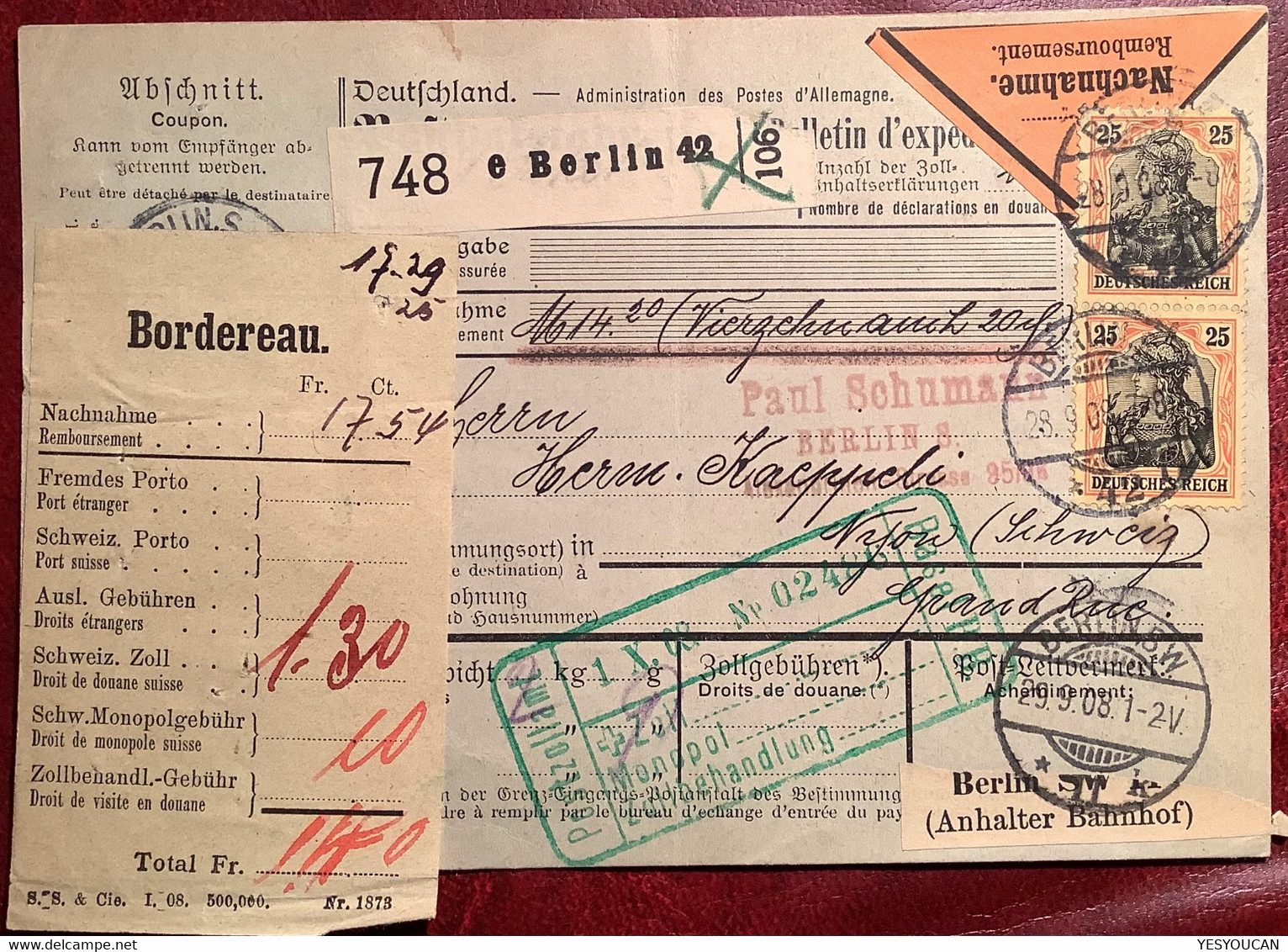 BERLIN ANHALTER BAHNHOF 1908 SELTENE MEF Mi 88 I NACHNAHME ! Paketkarte>Nyon VD Schweiz (DR Brief Basel Zoll Germania - Covers & Documents