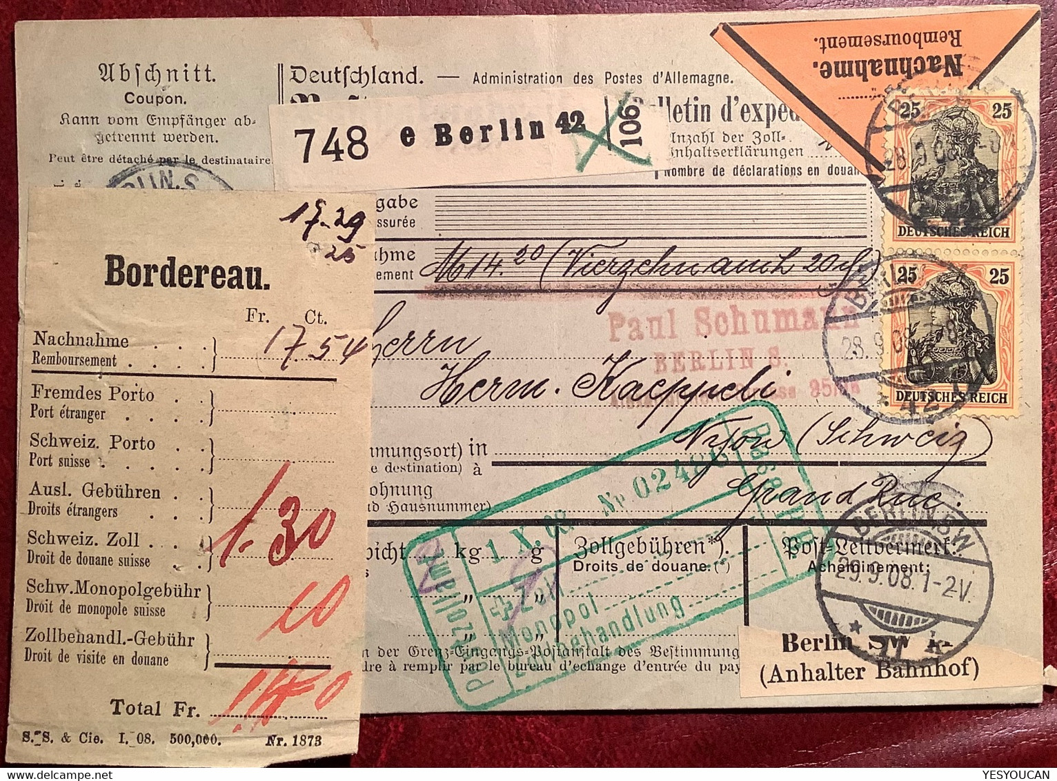 BERLIN ANHALTER BAHNHOF 1908 SELTENE MEF Mi 88 I NACHNAHME ! Paketkarte>Nyon VD Schweiz (DR Brief Basel Zoll Germania - Lettres & Documents