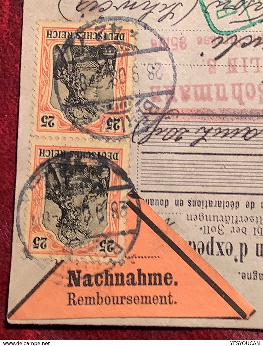 BERLIN ANHALTER BAHNHOF 1908 SELTENE MEF Mi 88 I NACHNAHME ! Paketkarte>Nyon VD Schweiz (DR Brief Basel Zoll Germania - Lettres & Documents