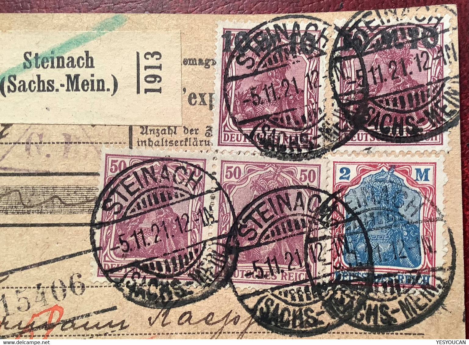 STEINACH THÜRINGEN 1921 Mi 146, 152, 157 Paketkarte>Nyon VD Schweiz (Brief Sachsen-Meiningen Basel INFLA Germania - Briefe U. Dokumente