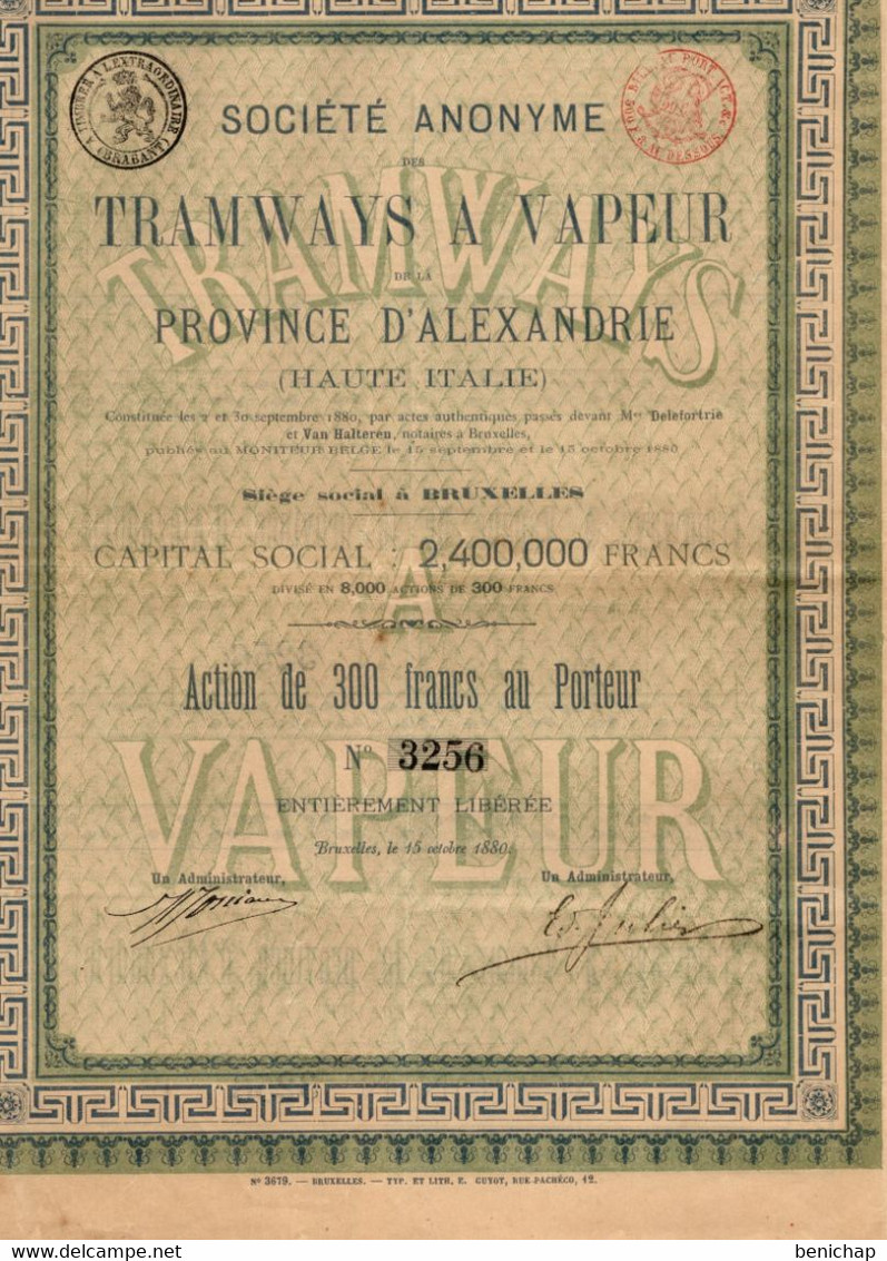 S.A. Des Tramways à Vapeur De La Province D'Alexandrie (Haute Italie) - Action De 300 Frs Au Porteur Bruxelles - 1880. - Banque & Assurance