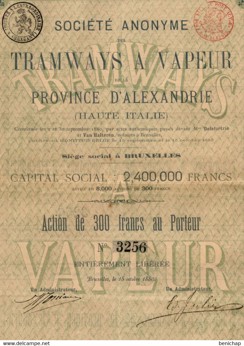 S.A. Des Tramways à Vapeur De La Province D'Alexandrie (Haute Italie) - Action De 300 Frs Au Porteur Bruxelles - 1880. - Banque & Assurance