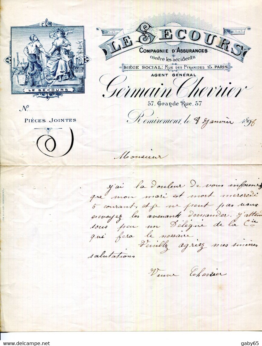 FACTURE.88.VOSGES.REMIREMONT.COMPAGNIE D'ASSURANCES " LE SECOURS " GERMAIN CHEVRIER 57 GRANDE RUE. - Banco & Caja De Ahorros