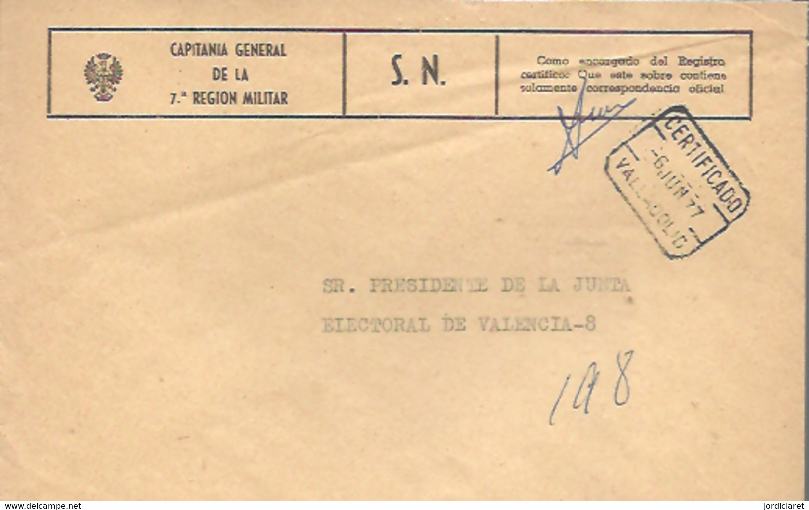 CAPITANIA  MILITAR   1977 CERTIFICADO  VALLADOLI - Franchigia Postale