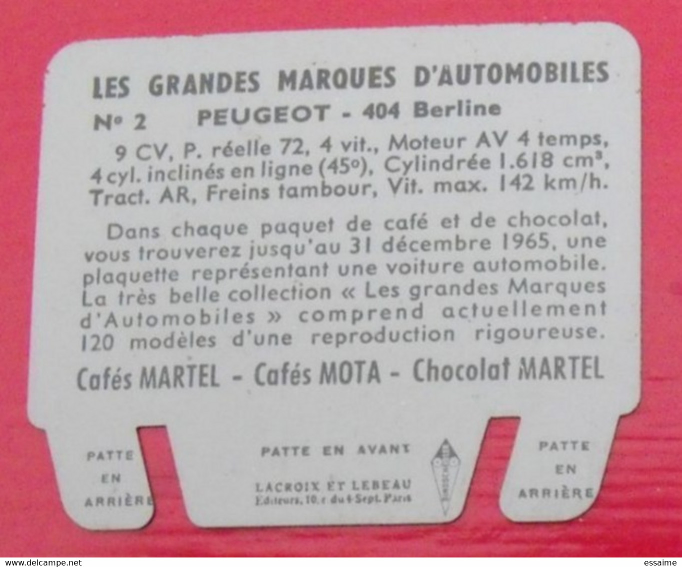 Plaque Peugeot 404. N° 2. Les Grandes Marques D'automobiles. Chocolat Cafés Martel Mota. Plaquette Métal Vers 1960 - Tin Signs (vanaf 1961)