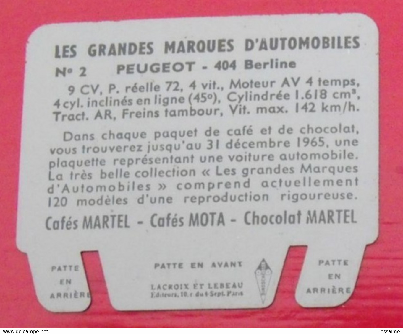 Plaque Peugeot 404. N° 2. Les Grandes Marques D'automobiles. Chocolat Cafés Martel Mota. Plaquette Métal Vers 1960 - Placas En Aluminio (desde 1961)