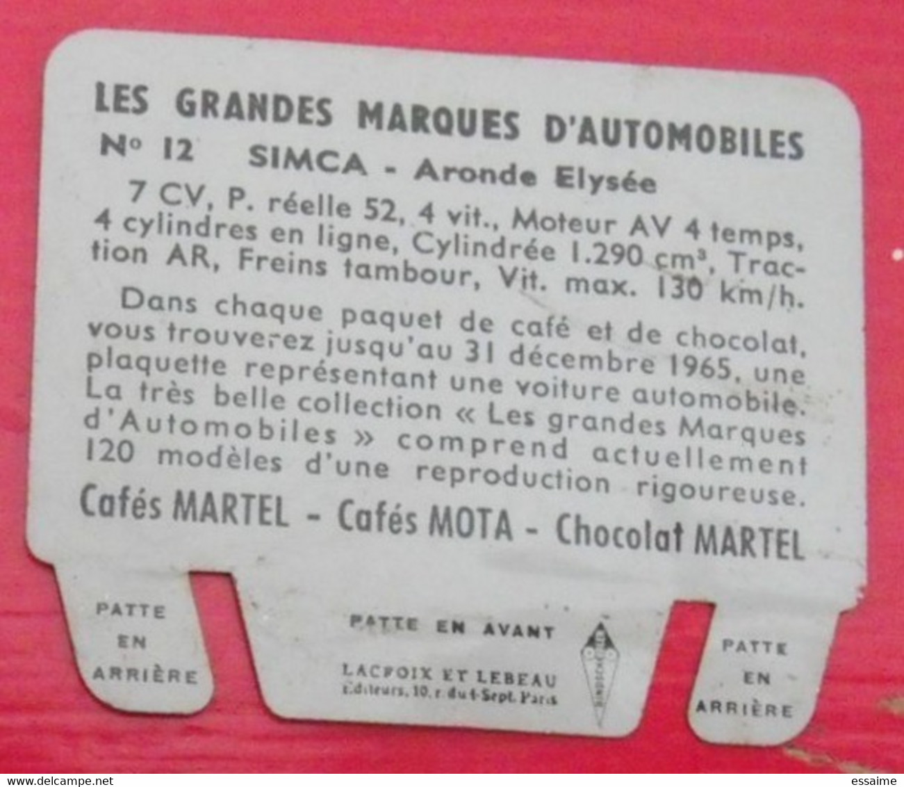 Plaque Simca Aronde. N° 12. Les Grandes Marques D'automobiles. Chocolat Cafés Martel Mota. Plaquette Métal Vers 1960 - Placas En Aluminio (desde 1961)