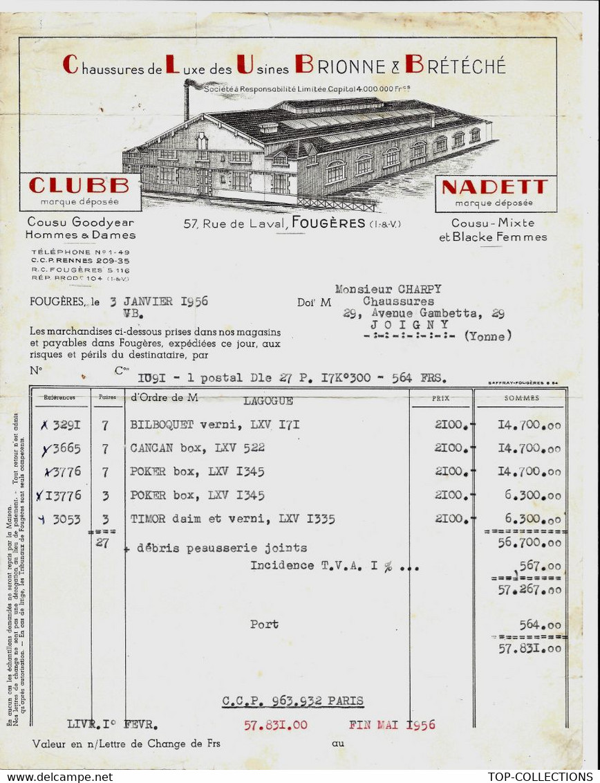 1956 ENTETE CHAUSSURES LUXE « CLUBB » Usines Brionne Et Brétéché Fougères Ille Et Vilaine=> Charpy Joigny (Yonne) SCANS - 1950 - ...