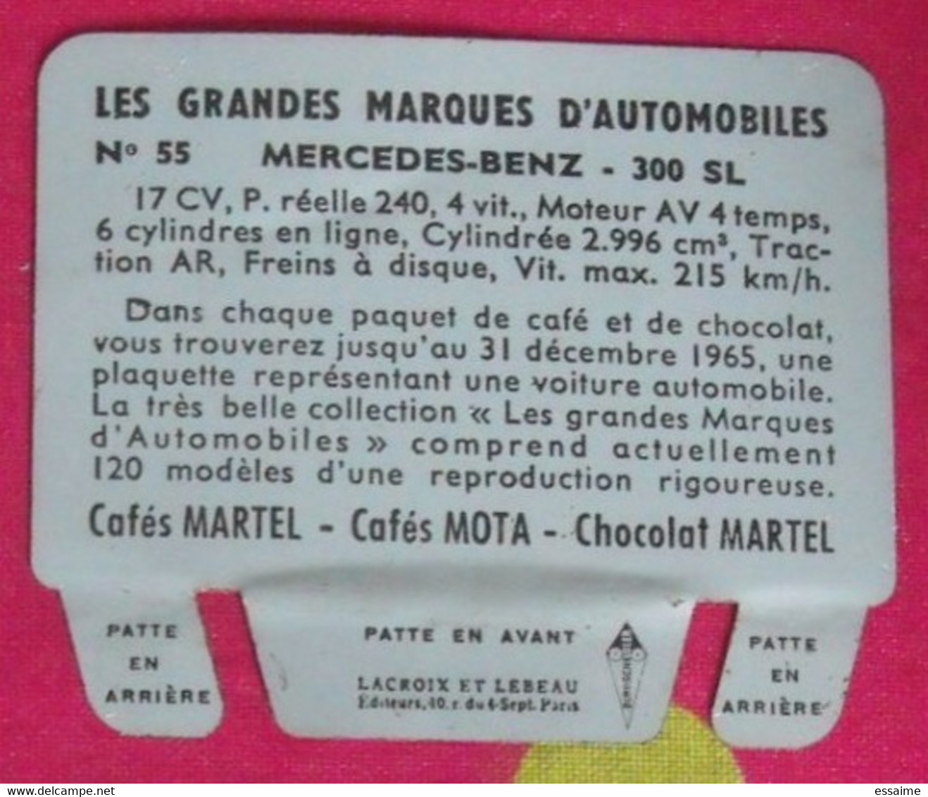 Plaque Mercedes 300 SL. N° 55. Les Grandes Marques D'automobiles. Chocolat Cafés Martel Mota. Plaquette Métal Vers 1960 - Tin Signs (after1960)