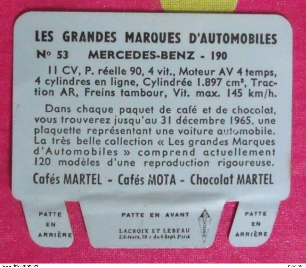 Plaque Mercedes 190. N° 53. Les Grandes Marques D'automobiles. Chocolat Cafés Martel Mota. Plaquette Métal Vers 1960 - Tin Signs (after1960)