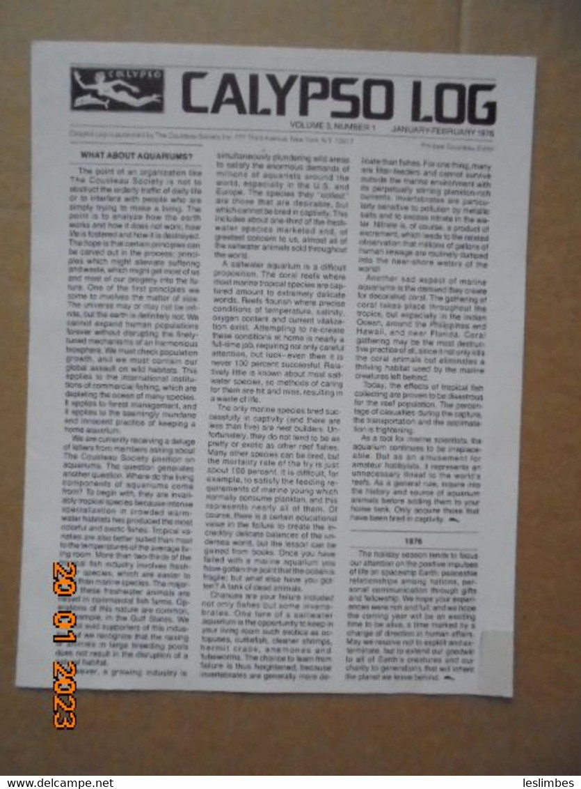 Cousteau Society Bulletin Et Affiche En Anglais : Calypso Log, Volume 3, Number 1 (January - February 1976) - Natuur