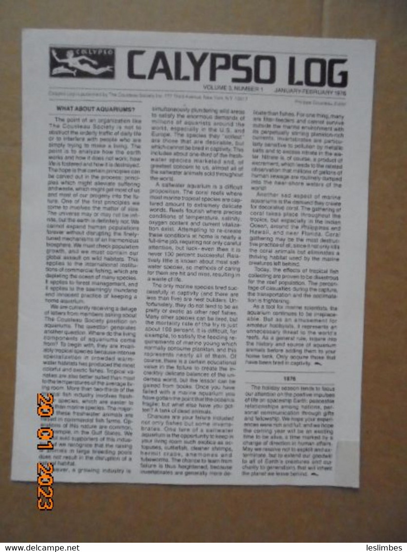 Cousteau Society Bulletin Et Affiche En Anglais : Calypso Log, Volume 3, Number 1 (January - February 1976) - Nature/ Outdoors