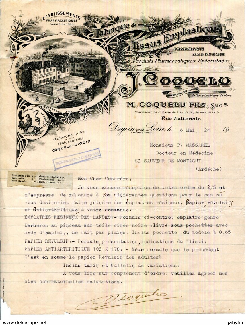 FACTURE.71.DIGOIN SUR LOIRE.FABRIQUE DE TISSUS EMPLASTIQUES.PHARMACIE.DROGUERIE.J.COQUELU. - Perfumería & Droguería