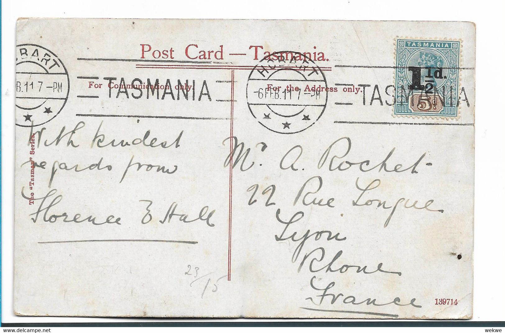 TASMANIEN 031 / Neuer Wertaufdruck Von 1904 Auf Ansichtskarte 1911 Nach Lyon, Frankreich - Briefe U. Dokumente