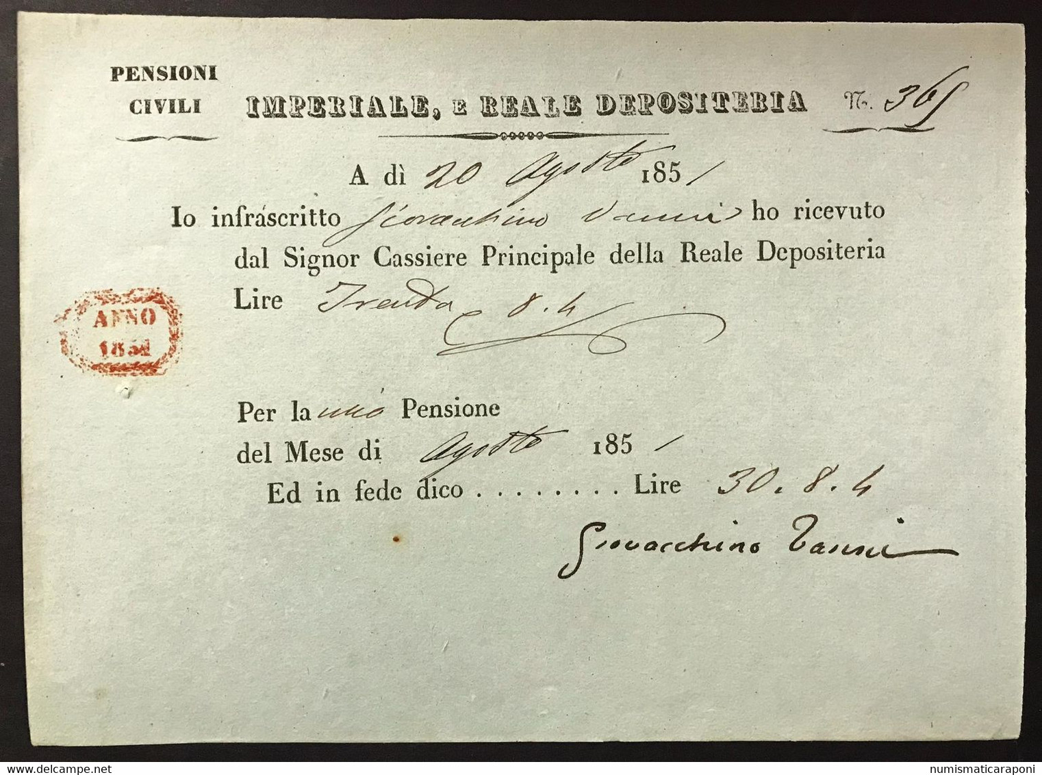 Imperiale E Reale Depositeria Ricevuta Da 30 Lire 1851 Pensioni Civili LOTTO 4336 - Other & Unclassified