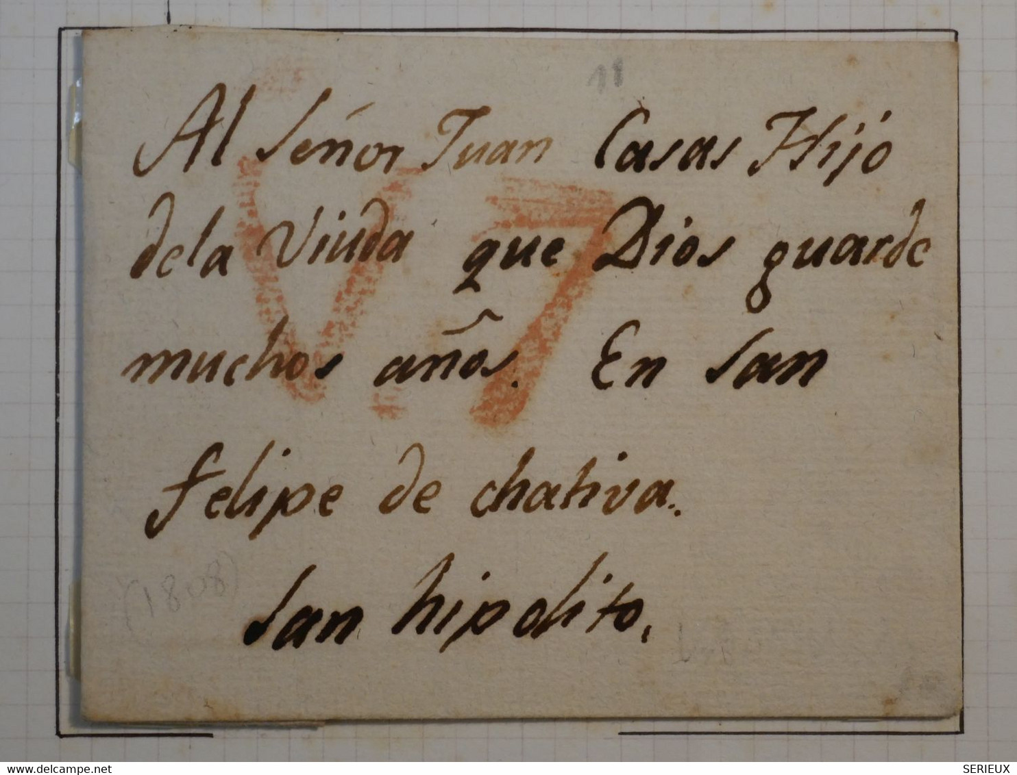 BM8 ESPANA  BELLE  LETTRE RARE   SAN HIPOLITO+ V 7  EN ROUGE ++AFFRANCH. PLAISANT++++ - ...-1850 Prefilatelia