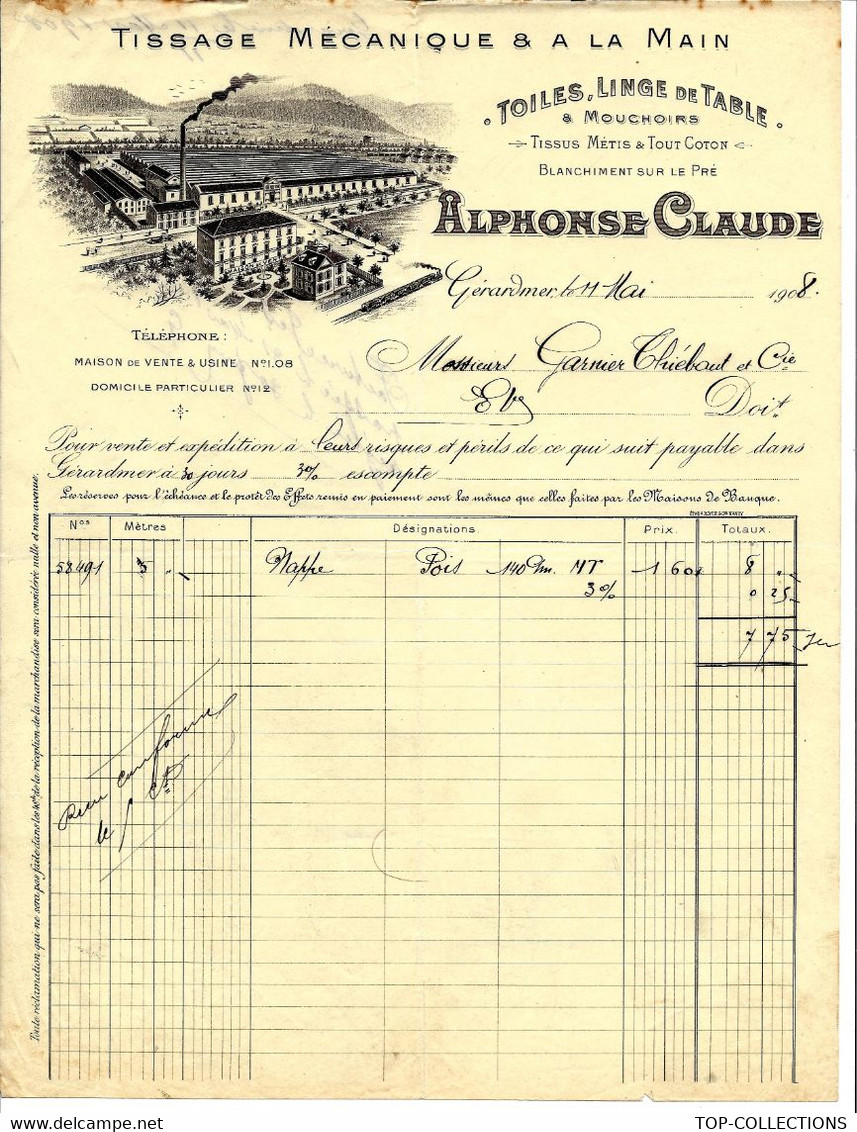 1908 ENTETE TISSAGE MECANIQUE à La Main TOILES  LINGE Alphonse Claude à Gérardmer Vosges Pour Garnier Thiebaut B.E.V.SCA - 1900 – 1949