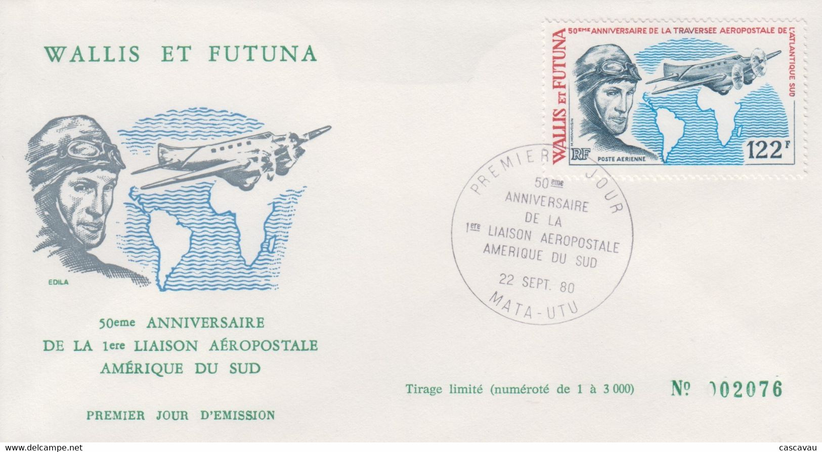 Enveloppe  FDC  1er  Jour  WALLIS  Et  FUTUNA    50éme  Anniversaire  1ére  Liaison  Aéropostale  Amérique Du  Sud  1980 - FDC