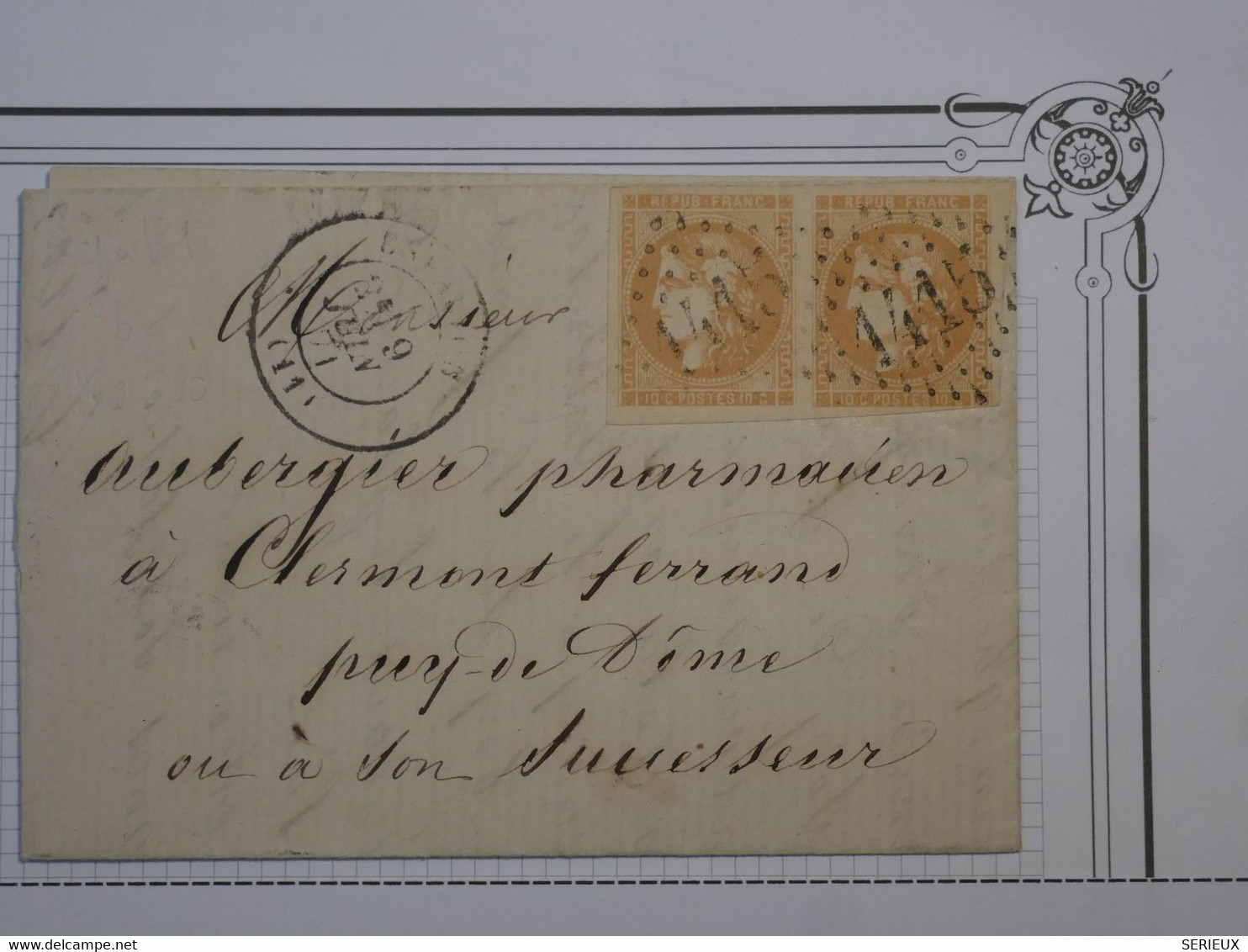 BM8  FRANCE   BELLE  LETTRE RARE 1871 ESPALION A PUY DE DOME + PAIRE DE BORDEAUX N° 43A + +  ++AFFRANCH. PLAISANT++++ - 1870 Emission De Bordeaux