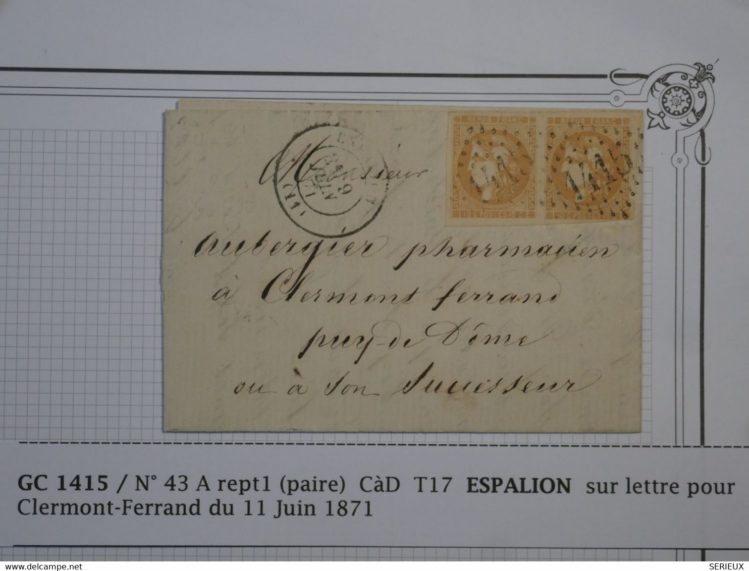 BM8  FRANCE   BELLE  LETTRE RARE 1871 ESPALION A PUY DE DOME + PAIRE DE BORDEAUX N° 43A + +  ++AFFRANCH. PLAISANT++++ - 1870 Emisión De Bordeaux