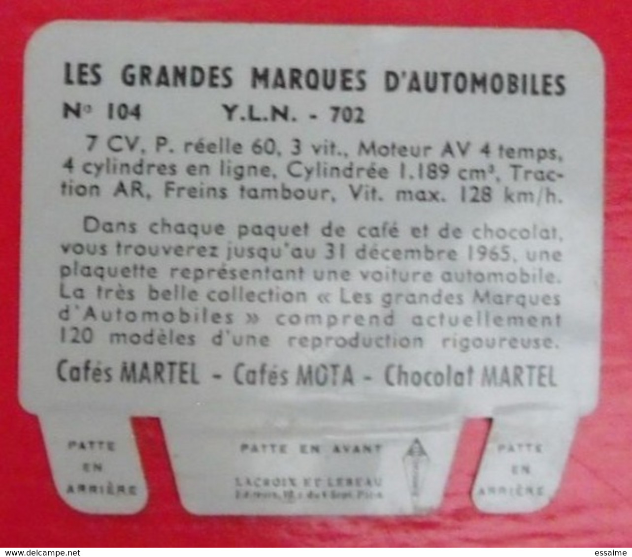 Plaque YLN 702. N° 104. Les Grandes Marques D'automobiles. Chocolat Cafés Martel Mota. Plaquette Métal Vers 1960 - Placas En Aluminio (desde 1961)