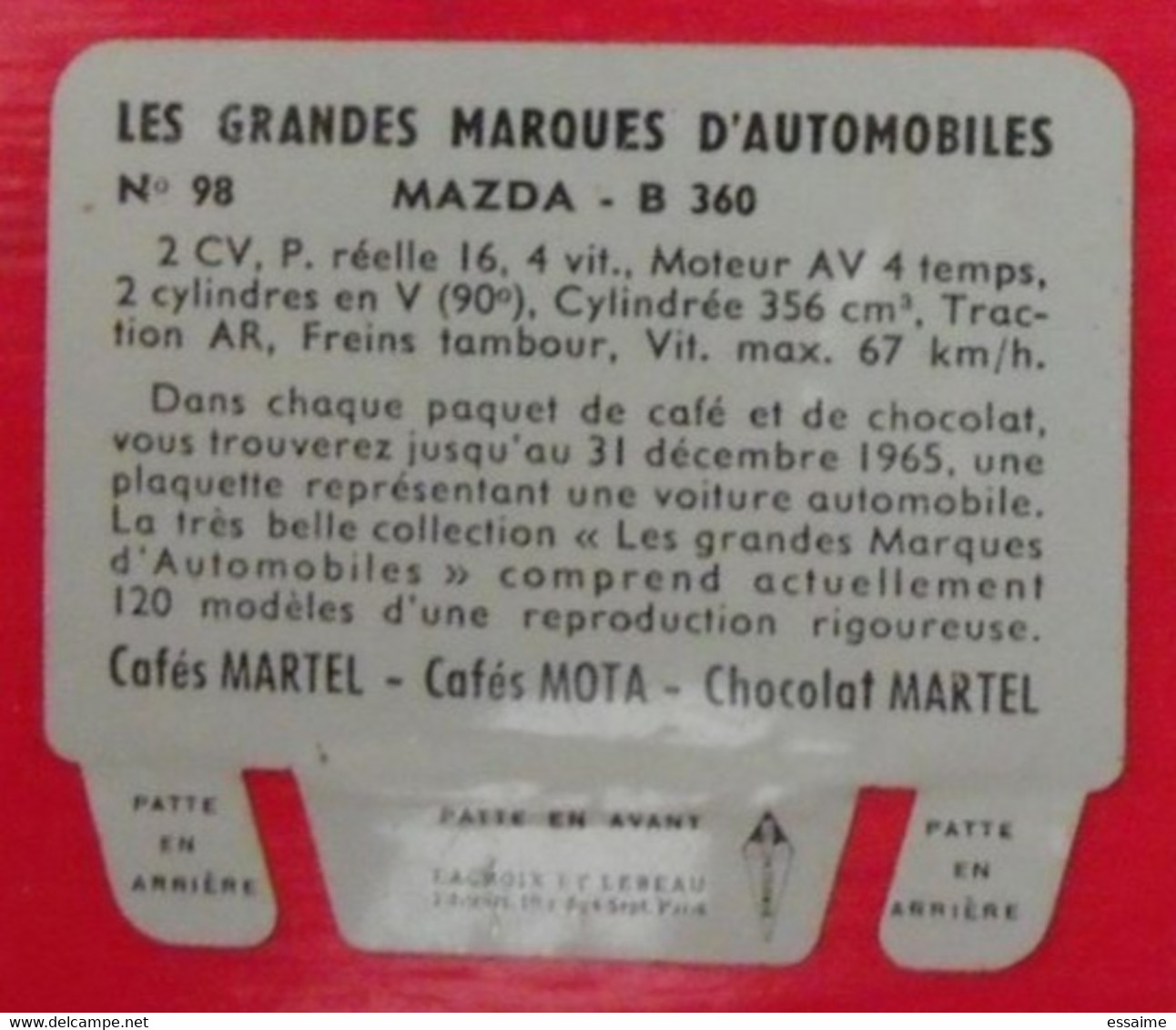 Plaque Mazda. N° 98. Les Grandes Marques D'automobiles. Chocolat Cafés Martel Mota. Plaquette Métal Vers 1960 - Tin Signs (after1960)