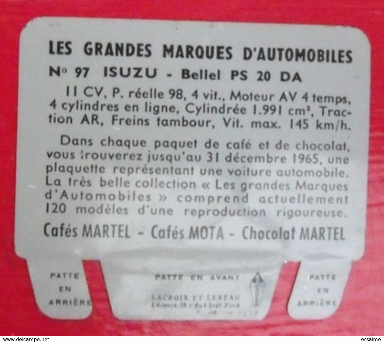 Plaque Isuyu. N° 97. Les Grandes Marques D'automobiles. Chocolat Cafés Martel Mota. Plaquette Métal Vers 1960 - Placas En Aluminio (desde 1961)