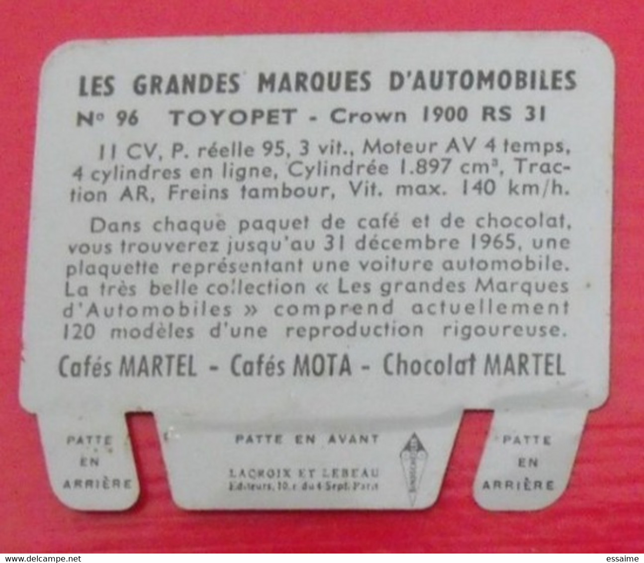 Plaque Toyopet. N° 96. Les Grandes Marques D'automobiles. Chocolat Cafés Martel Mota. Plaquette Métal Vers 1960 - Plaques En Tôle (après 1960)