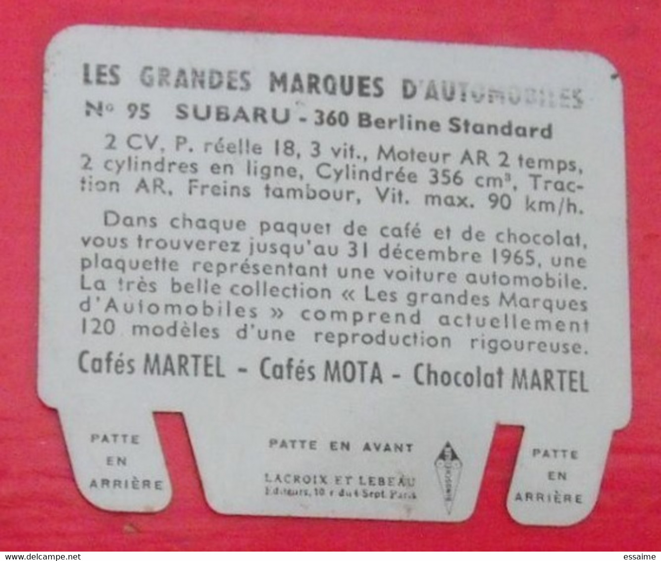 Plaque Subaru. N° 95. Les Grandes Marques D'automobiles. Chocolat Cafés Martel Mota. Plaquette Métal Vers 1960 - Placas En Aluminio (desde 1961)