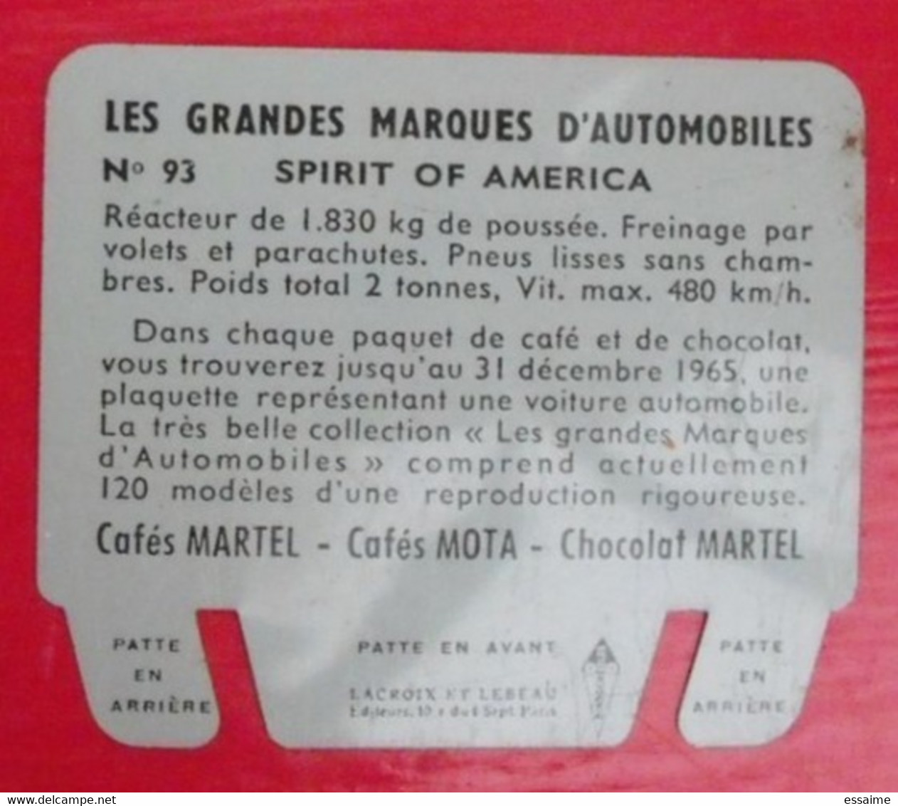 Plaque Spirit Of America N° 93. Les Grandes Marques D'automobiles. Chocolat Cafés Martel Mota. Plaquette Métal Vers 1960 - Tin Signs (vanaf 1961)