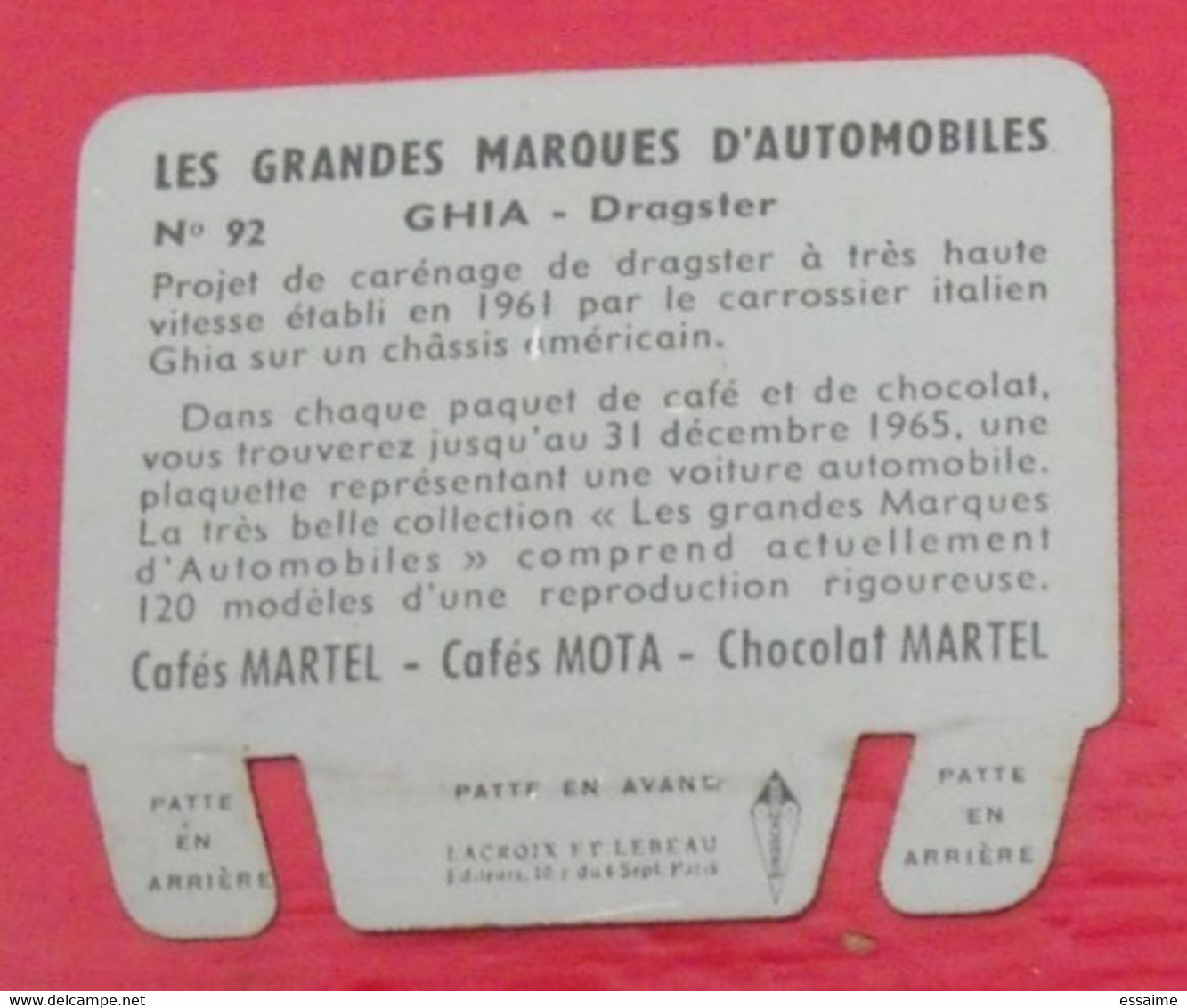 Plaque Ghia Dragster N° 92. Les Grandes Marques D'automobiles. Chocolat Cafés Martel Mota. Plaquette Métal Vers 1960 - Tin Signs (after1960)