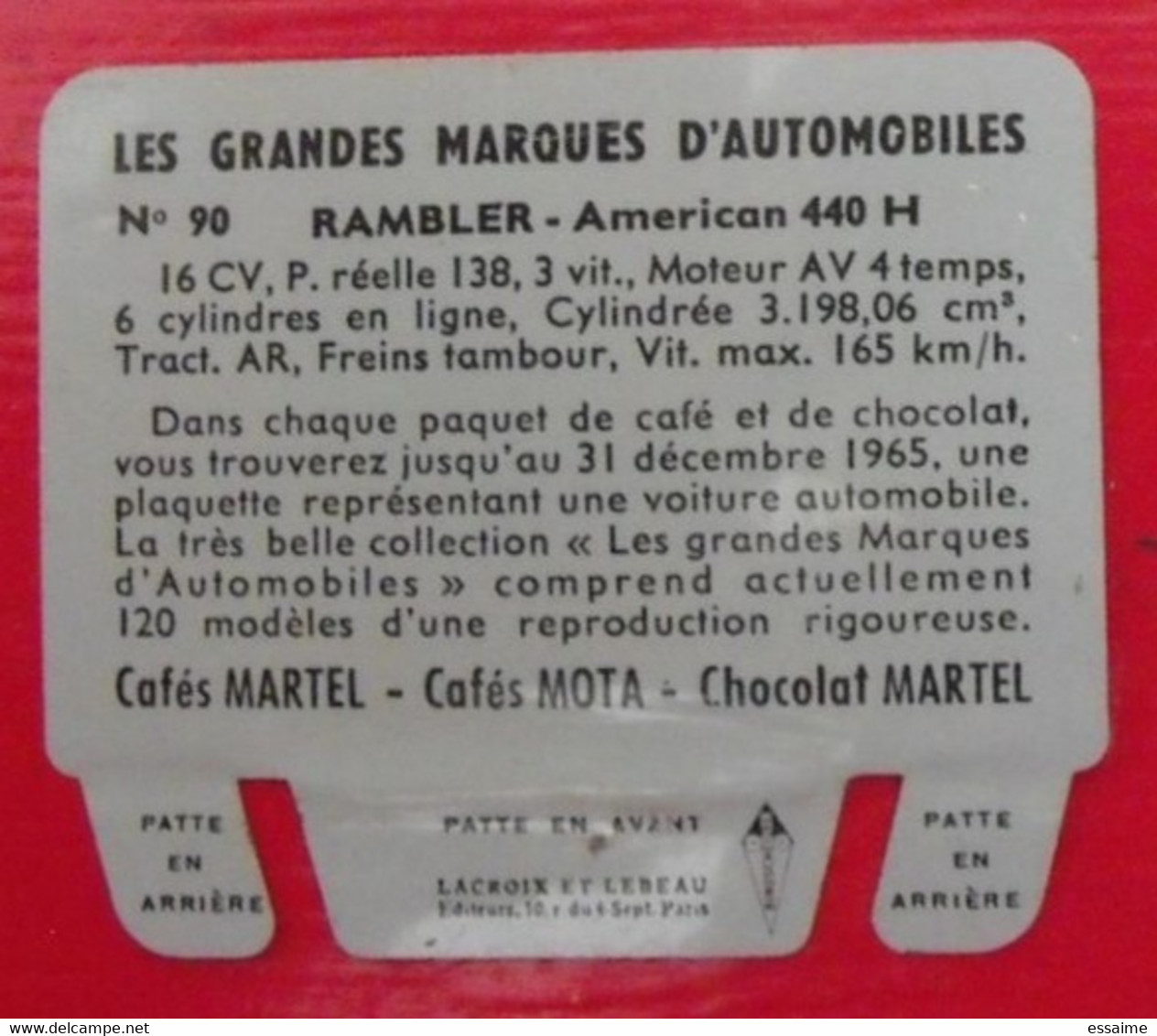 Plaque Rambler N° 90. Les Grandes Marques D'automobiles. Chocolat Cafés Martel Mota. Plaquette Métal Vers 1960 - Tin Signs (vanaf 1961)