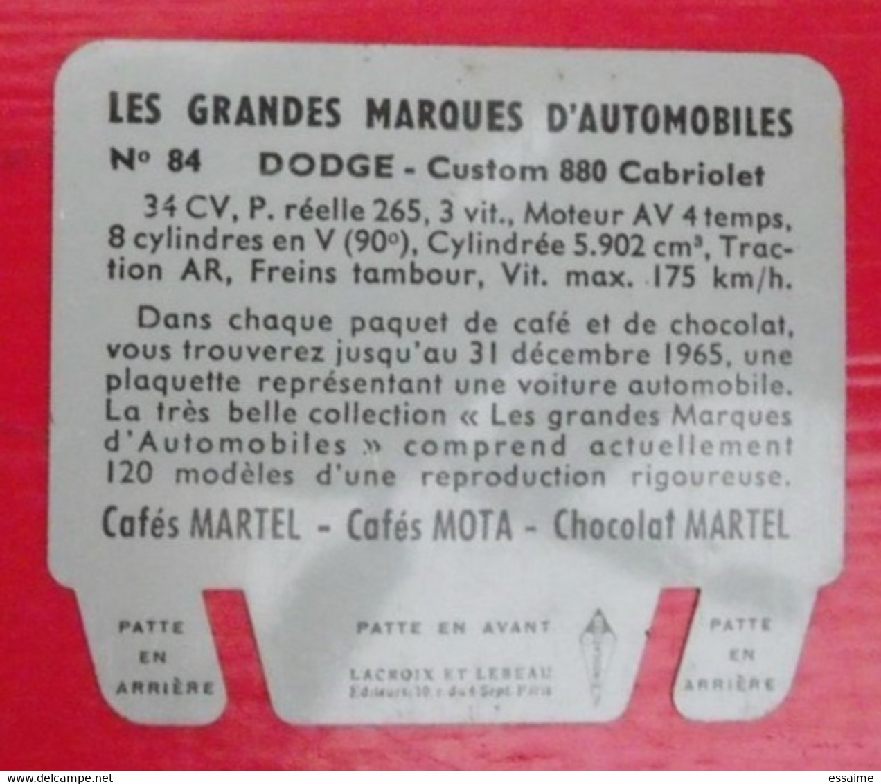 Plaque Dodge N° 84. Les Grandes Marques D'automobiles. Chocolat Cafés Martel Mota. Plaquette Métal Vers 1960 - Plaques En Tôle (après 1960)