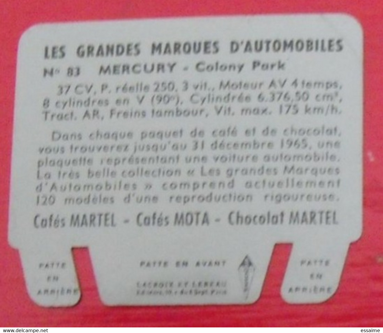 Plaque Mercury N° 83. Les Grandes Marques D'automobiles. Chocolat Cafés Martel Mota. Plaquette Métal Vers 1960 - Tin Signs (vanaf 1961)