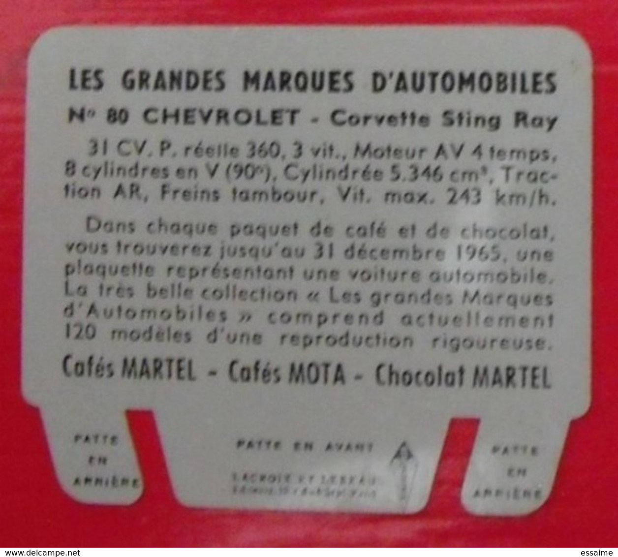 Plaque Chevrolet Corvette N° 80. Les Grandes Marques D'automobiles Chocolat Cafés Martel Mota. Plaquette Métal Vers 1960 - Plaques En Tôle (après 1960)