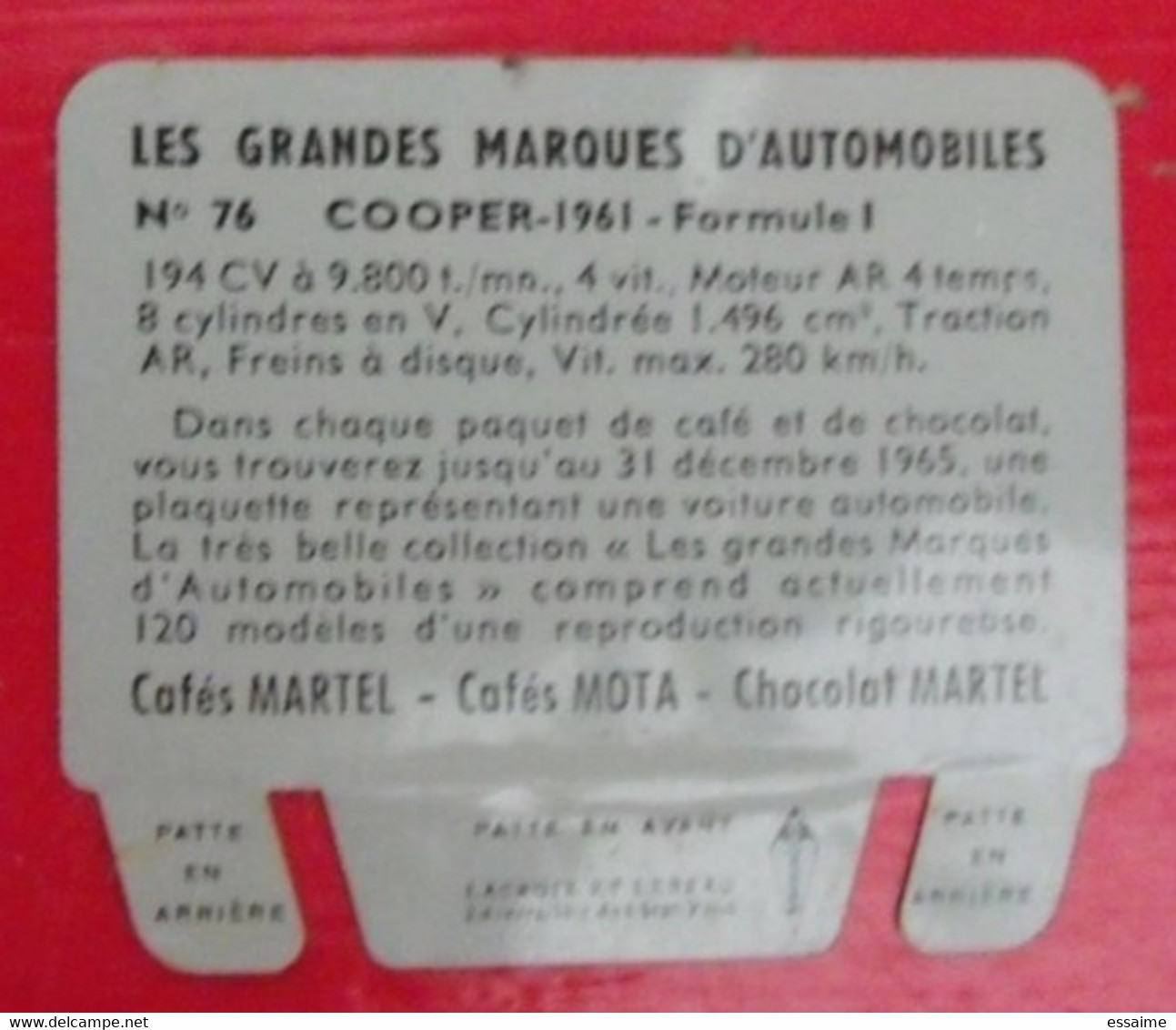 Plaque Cooper Formule 1 N° 76. Les Grandes Marques D'automobiles Chocolat Cafés Martel Mota. Plaquette Métal Vers 1960 - Placas En Aluminio (desde 1961)