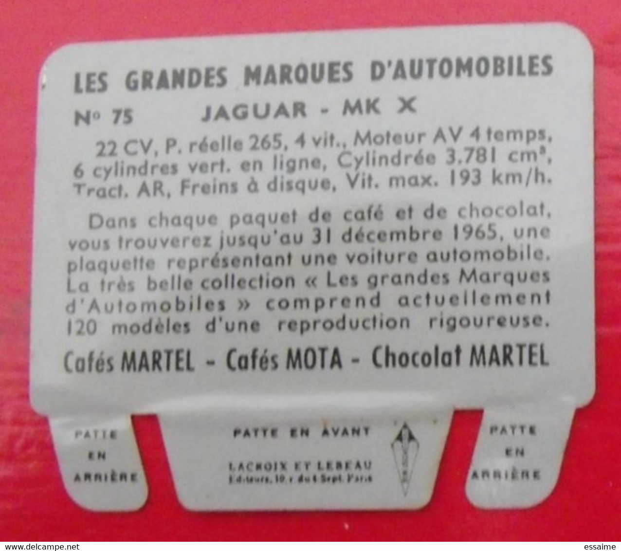 Plaque Jaguar MK X N° 75. Les Grandes Marques D'automobiles Chocolat Cafés Martel Mota. Plaquette Métal Vers 1960 - Tin Signs (vanaf 1961)