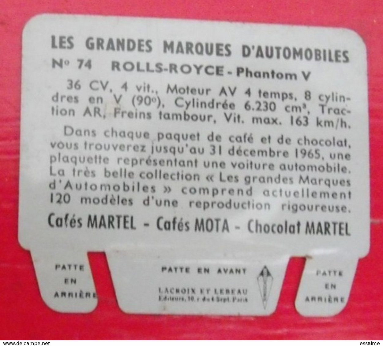 Plaque Rolls-Royce N° 74. Les Grandes Marques D'automobiles Chocolat Cafés Martel Mota. Plaquette Métal Vers 1960 - Targhe In Lamiera (a Partire Dal 1961)
