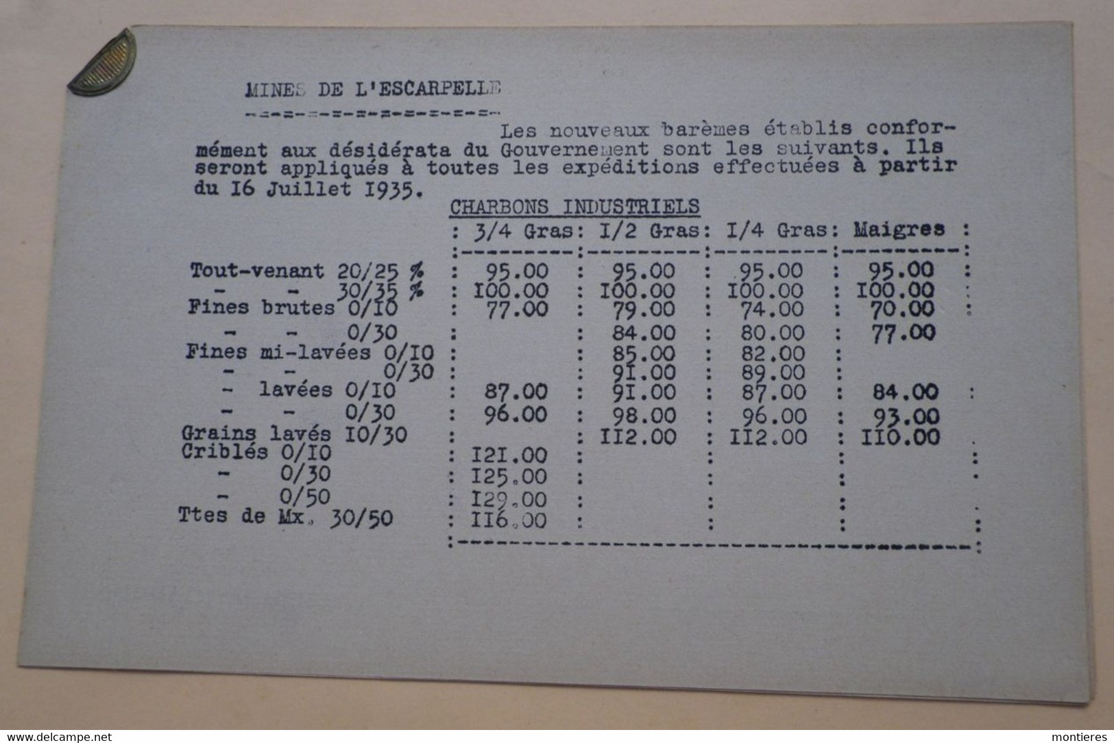 Compagnie Des Mines De L'Escarpelle J. DUVERGER Représentant à CAMBRAI (Nord - 59) Barème Charbons 16 Juillet 1935 - Elettricità & Gas