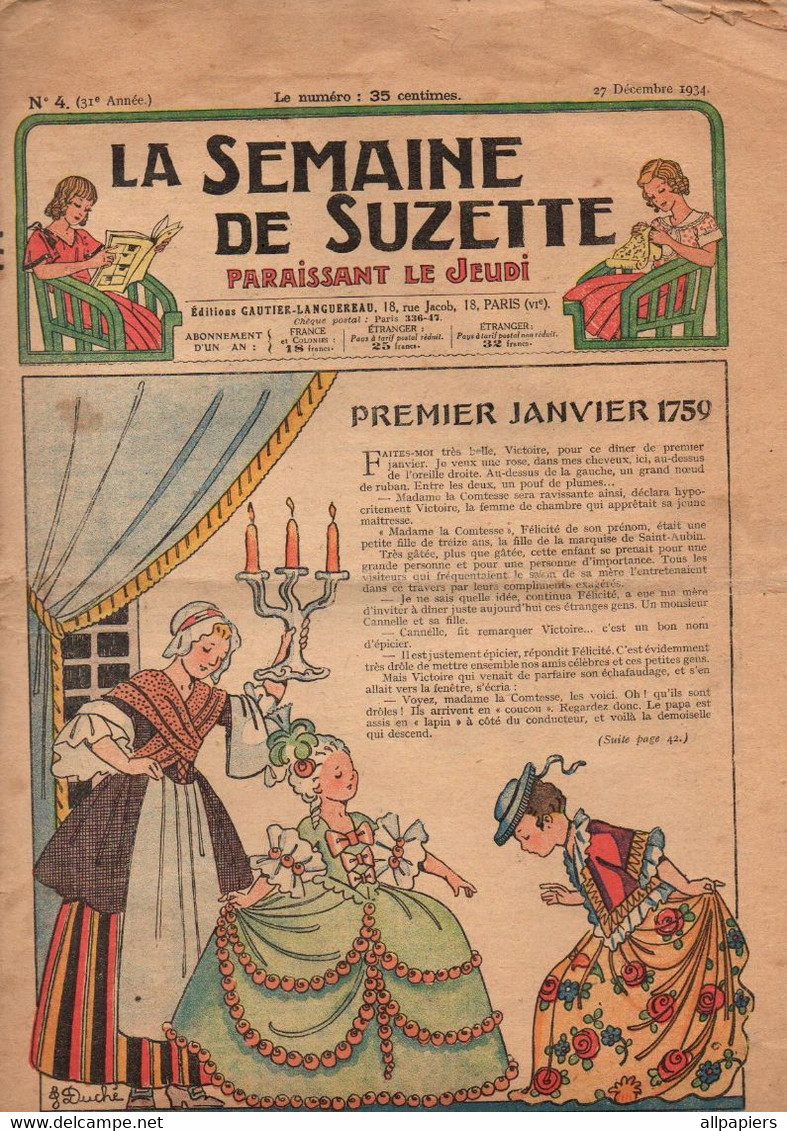 La Semaine De Suzette N°4 Premier Janvier 1759 - Col-empiècement Et Ceinture - Bécassine à Clocher-Les-Bécasses... - La Semaine De Suzette
