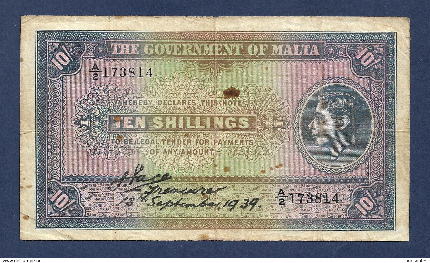 Malta 10 Shillings 1939 P13 Fine/VF - Malta