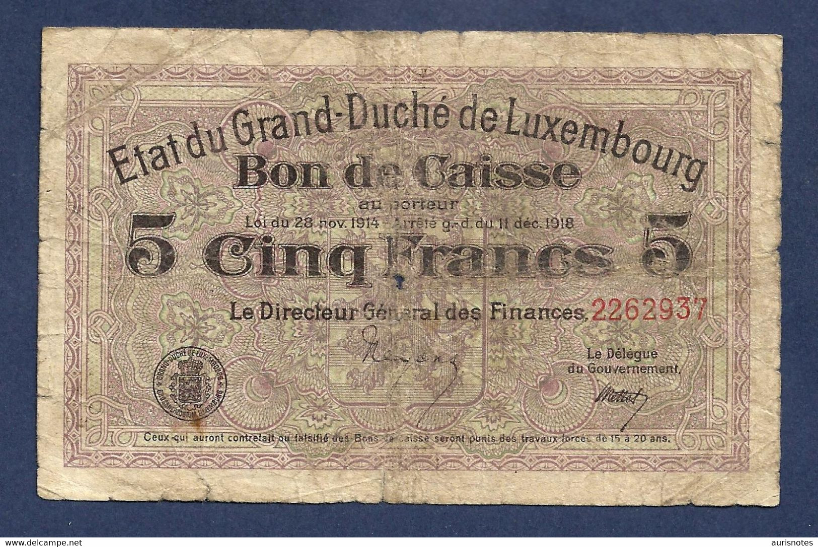 Luxembourg 5 Francs 1918 P29 Fine - Luxembourg