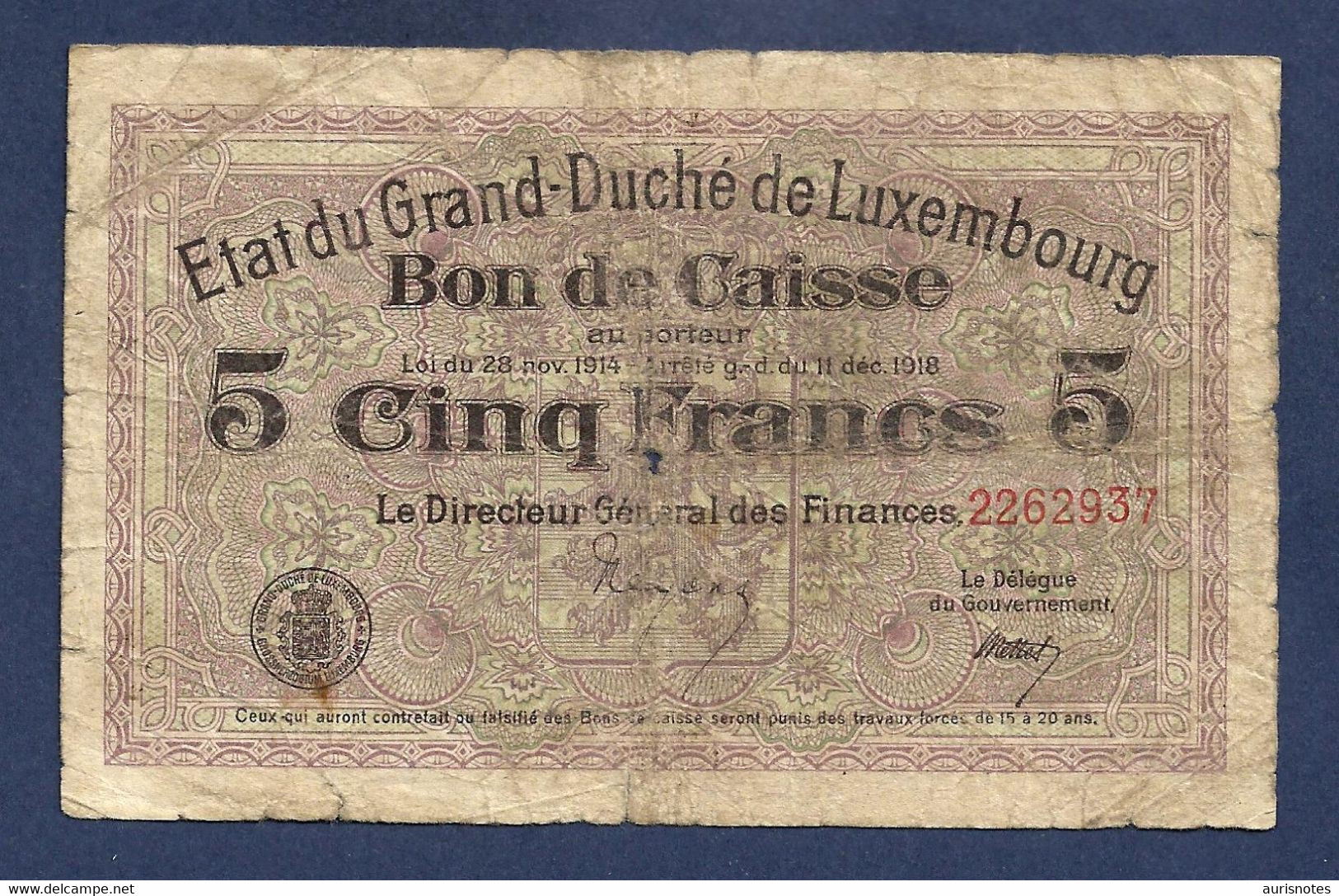 Luxembourg 5 Francs 1918 P29 Fine - Luxemburg