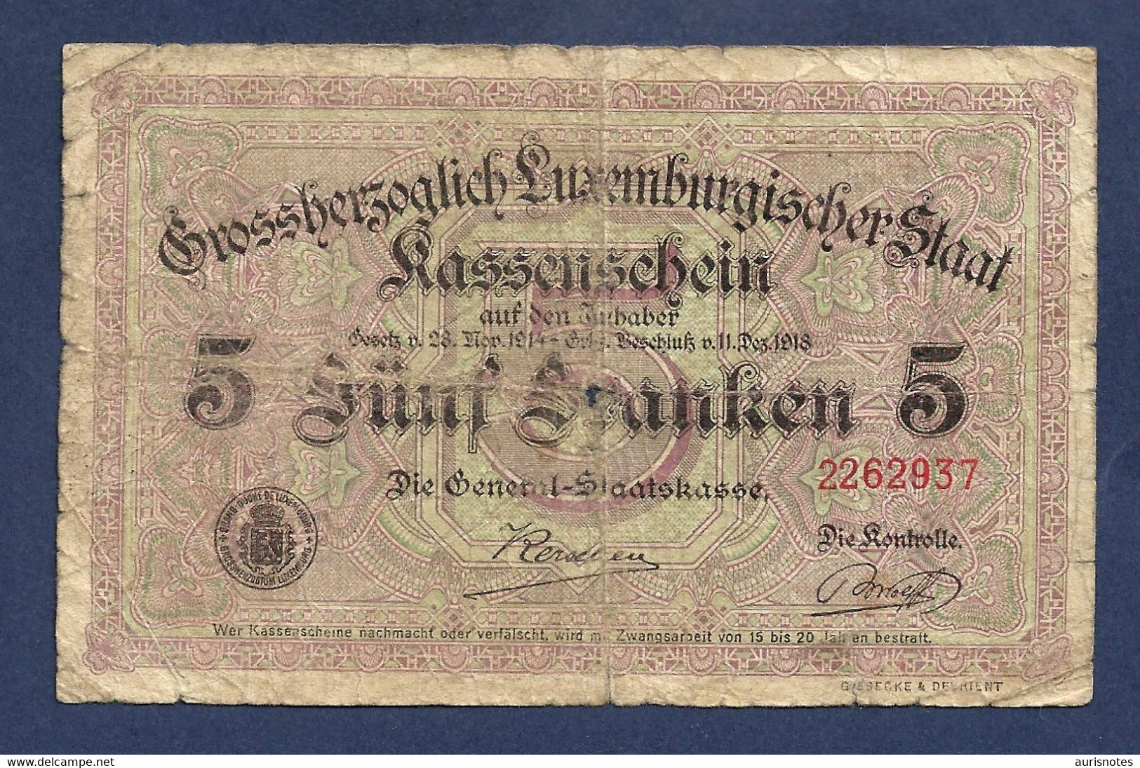 Luxembourg 5 Francs 1918 P29 Fine - Luxembourg